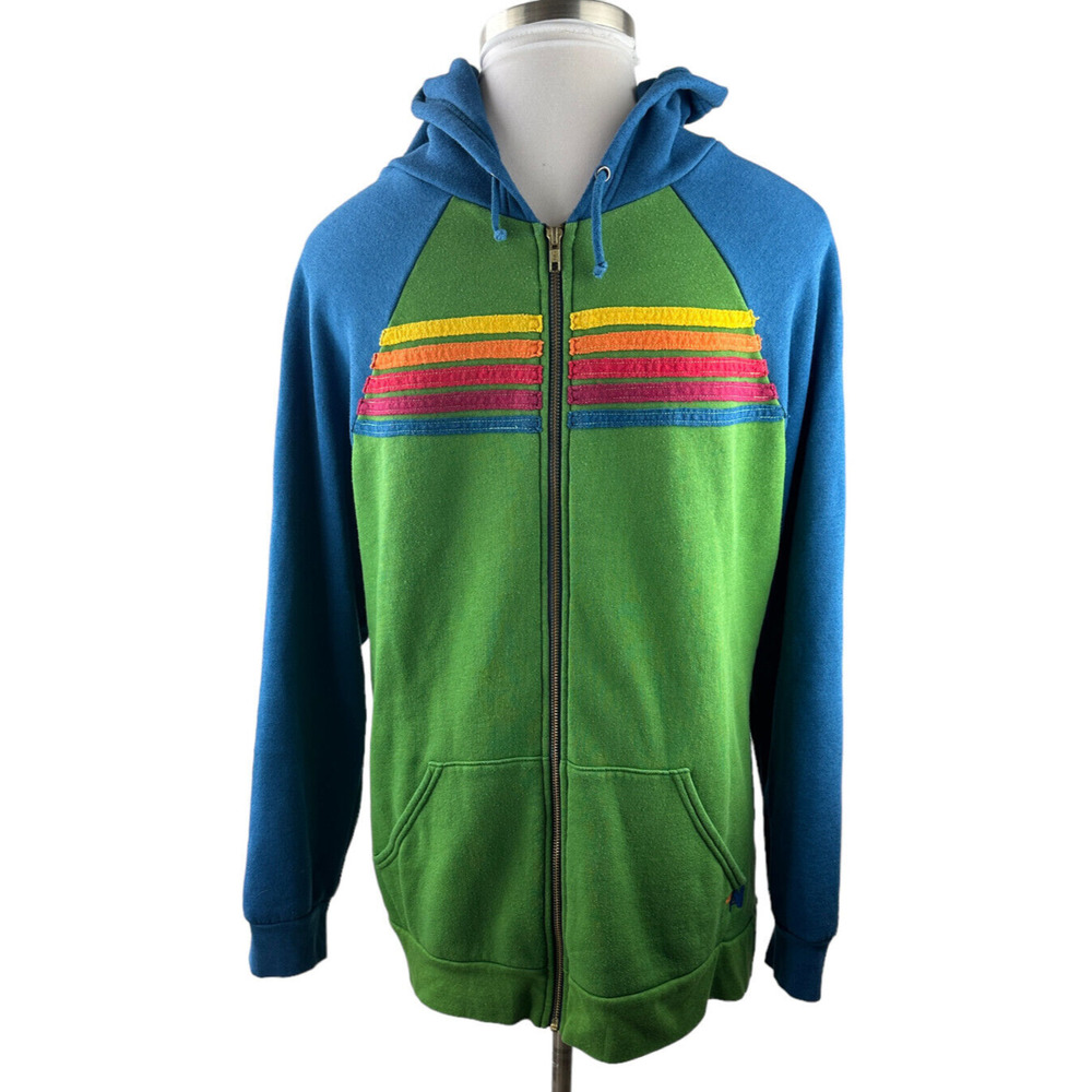 *Rare* Aviator Nation 5 Stripe Hoodie Full Zip Colorblock Jacket Green Blue XXL - Picture 3 of 15